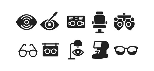 Vision care solid icon set. optometry, eyewear, eye health icons solid collection