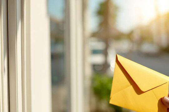 A hand holds a yellow envelope near a window. The scene is bright and sunny, suggesting a warm day. The envelope is closed and appears new.