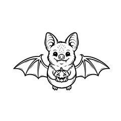 Happy bat holding a small pumpkin, cheerful expression, black and white illustration, Halloween theme