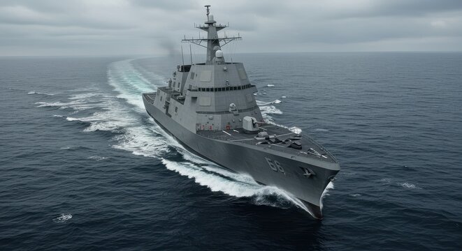 A low-angle photograph of a modern stealth destroyer, like a Zumwalt-class or Type 055, cutting through choppy ocean waters during a cloudy day. Focus on its angular, radar-evading 