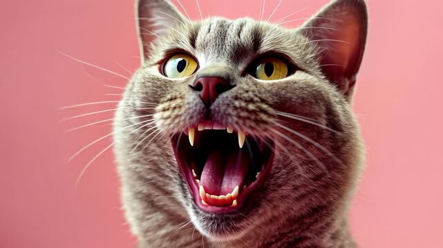 Fierce Feline's Fury: A close-up portrait of a gray cat, mid-yowl with bared teeth and wide yellow eyes, capturing a moment of intense emotion against a soft pink backdrop.