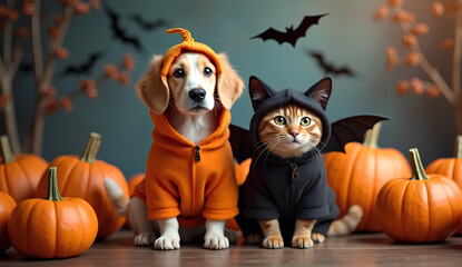 Dog, Cat, and Owl in Halloween Costumes with Pumpkins