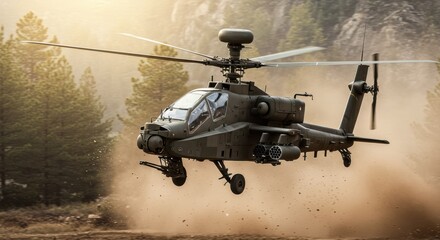 A photograph of a modern attack helicopter, such as an AH-64 Apache or Mi-28 Havoc, hovering low over a rugged, forested terrain. Show its weaponry clearly visible