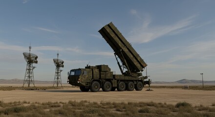 A wide shot of a mobile missile defense system, like a Patriot or S-400, deployed in an open, strategic location. Show the large missile canisters aimed towards the sky, with radar dishes
