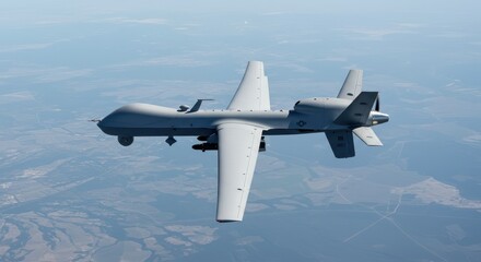 A realistic, high-altitude aerial photograph of a large, advanced military drone (UAV), like an MQ-9 Reaper or Global Hawk, flying silently over a vast landscape. Capture its distinctive shape.