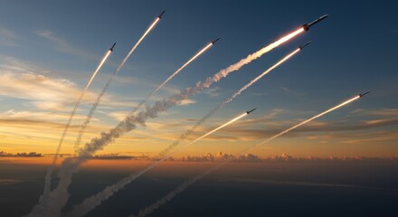 A highly realistic and dramatic photograph of multiple small, agile rockets in active launch or flight across a vast sky. The scene should convey speed, energy, and a sense of dynamic movement.