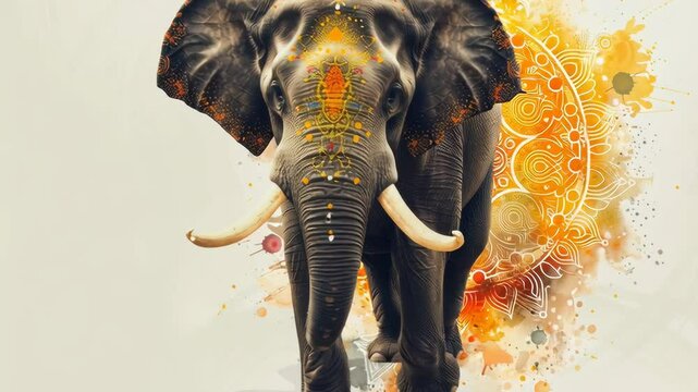 Decorated elephant walking with spiritual pattern and watercolor splatter. Cultural celebration and Asian artistic concept. Footage.