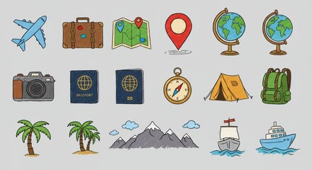 A collection of 12 distinct, colorful, flat-design icons rendered in a chalk-drawing style, with no background. Each icon represents a popular travel theme. Maintain a vibrant and cheerful color palet