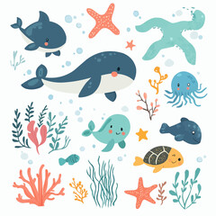 Playful flat underwater animal clipart set with cute whale, dolphin, turtle, octopus, starfish and coral for nursery decor, packaging, printable crafts and greeting cards
