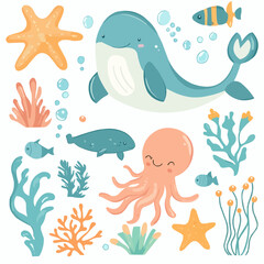 Playful flat underwater clipart set with cute whale, octopus, starfish, fish and coral in soft pastel colors for nursery prints, packaging, greeting cards and printable crafts