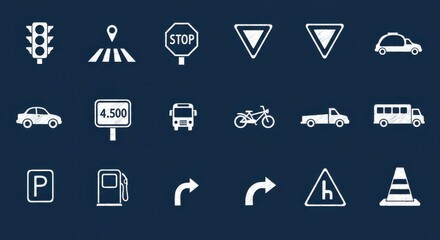 A collection of 16 distinct, white, flat-design icons rendered in a chalk-drawing style, on a navy blue blackboard background. Each icon represents a popular traffic, road, or transportation theme 