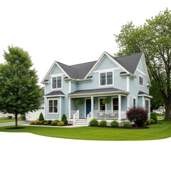 Two story house with green lawn isolated on transparent background