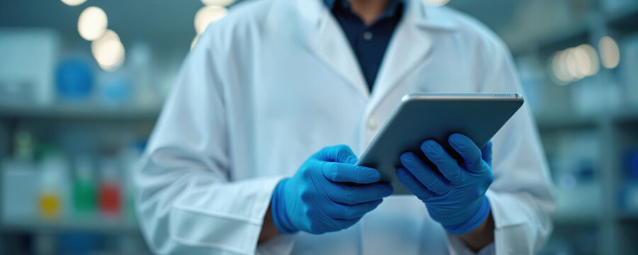 Scientist reviews clinical trial progress on tablet. Researcher studies data results in lab, focus on medical innovation, health, biotech, healthcare. Development medication, pharmaceutical products.