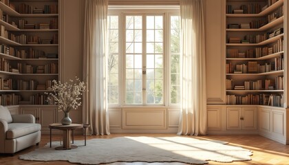 Elegant home library with window. Bookshelves, cozy reading nook, soft sunlight coming through window, creates relaxing atmosphere. White decor, books on shelves, flowers in vase. Ideal for virtual