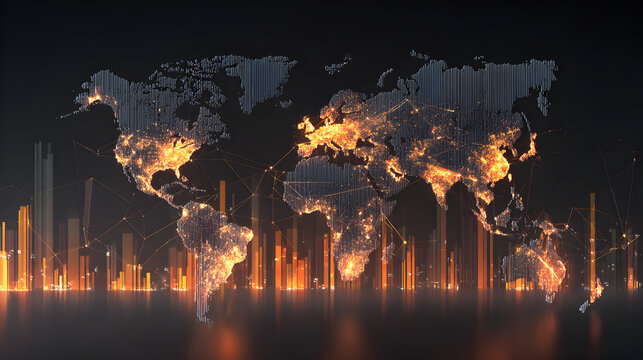 Illuminated world map with glowing cities and rising bar graphs against a dark background