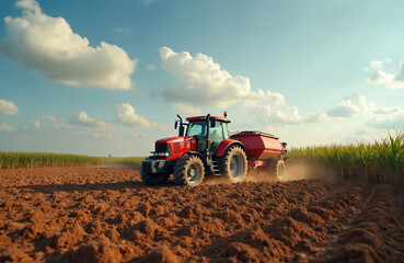 Fototapeta premium Tractor fertilizes sugarcane field, agrarian activity. Red farm machine, agricultural work on plantation. Fertilizer spreading in farmland, rural landscape, agriculture industry. Harvesting, harvest