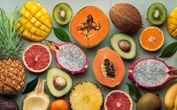 patron de frutas tropicales, exoticas, vista superior, citricos