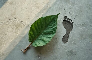 Geometric image of footprint stepping onto stylized leaf. Footprint on concrete background, natural green leaf. Nature, environment, sustainable living, eco, earth friendly, outdoors, healthy