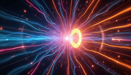 Stellarator fusion device computer visualization. Magnetic field lines containing plasma rendered neon colors. Futuristic energy tech background, modern innovative designs, related to future power.