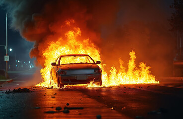 Car burns intensely at night on city street. Bright flames, thick smoke, destruction, emergency. Vehicle fire, accident, auto insurance claim, vandalism, criminal act, danger.