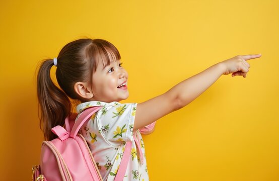 Pretty school girl in summer outfit points to copy space. Cute child with brown hair and backpack smiles on yellow background. Happy girl shows, recommends something.