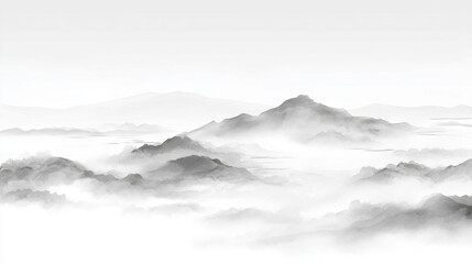 Obraz premium 水墨画風の霧に包まれた山並み背景