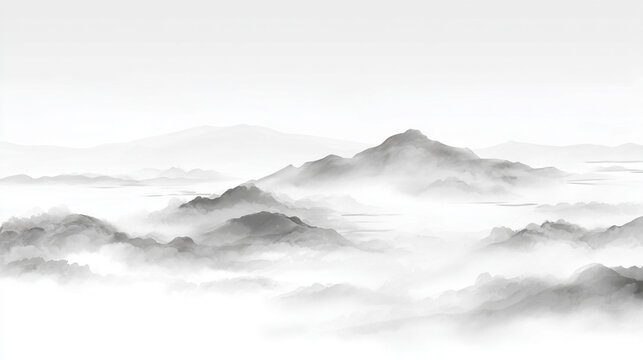 水墨画風の霧に包まれた山並み背景

