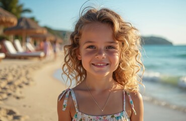 Portrait of cute girl smiling at sunny beach. Beautiful child with curly blond hair, fair skin, happy face, wearing summer dress. Tropical resort, sea vacation, sunshine. Happy childhood, summer