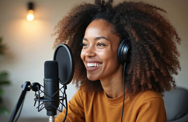 Joyful multiethnic woman recording live podcast in studio with microphone, headphones. Smiling creator broadcasting online radio show, streaming content to audience. Happy female host enjoying
