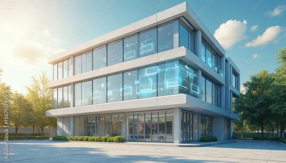 Poster smart corporate building with connected iot devices displaying secure status under ai monitoring. il