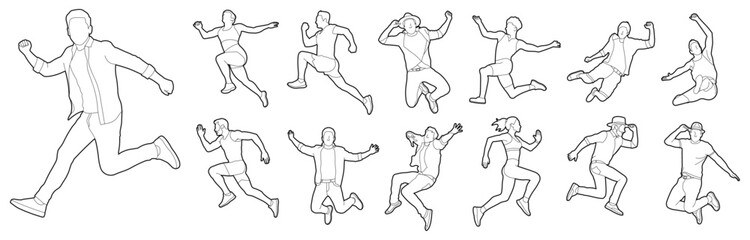 People jumping in lines illustrations projects architecture CAD. Editable vector
