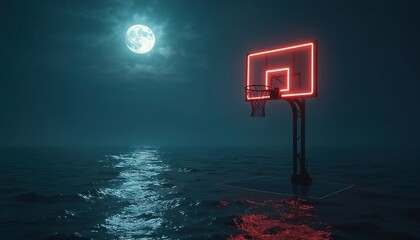 Surreal basketball hoop glows red on ocean. Night scene moonlit dreamscape. Abstract art fantasy, sport. Peaceful tranquil water with neon glow. Concept of victory, challenge achievement and ambition.