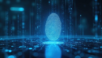 Digital fingerprint on blue background, data elements representing security tech. Glowing biometric identification, network encryption, software interface, design, pattern, abstract. Concept of