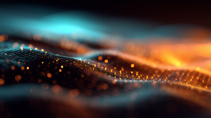 Undulating digital terrain of glowing orange data points flowing across abstract blue landscape.

