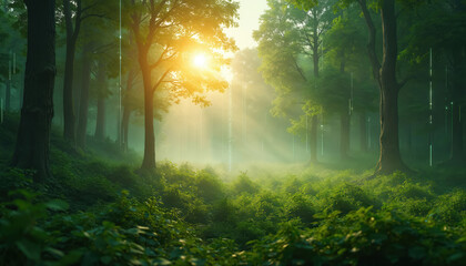 Obraz premium Green nature, data interaction. Forest with digital lines. Trees, sunlight, green environment, cyber landscape. Natural tech concept. Worldwide, global, internet, encryption, protection, connection.