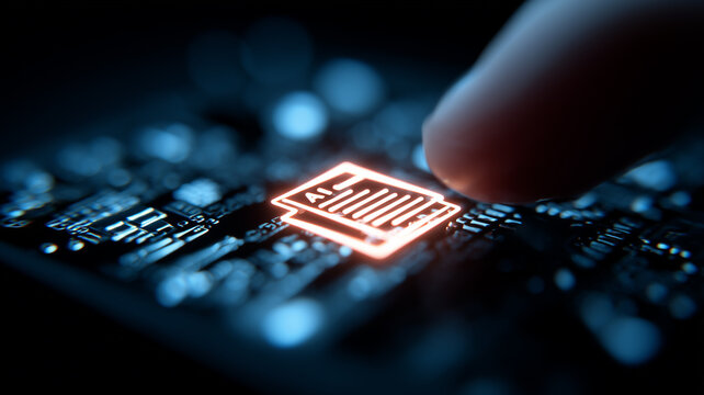 Finger activating glowing AI microchip icon depicting seamless human machine interface on advanced circuitry.
