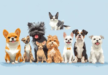 Full body portrait of various pets on light blue background, showcasing their unique personalities
