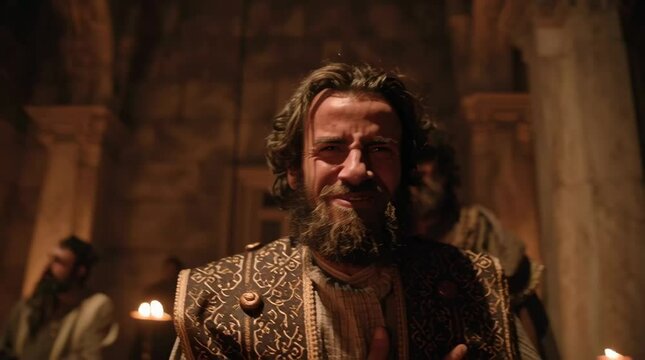 Inside the temple ancient Jewish priests in sacred robes with faces twisted by madness intense and haunting video scene.