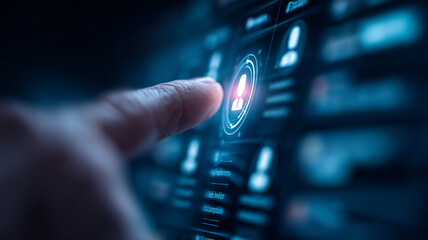 A futuristic talent selection and user engagement interface where a fingertip activates a glowing human avatar icon on a digital network emphasising recruitment personalization