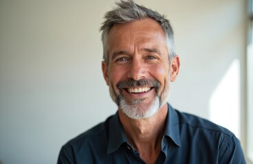 Obraz premium Happy mature man smiles. Smiling senior with grey hair, beard. Joyful, confident expression shows successful lifestyle. Perfect portrait for business, happiness, success. Studio shot.