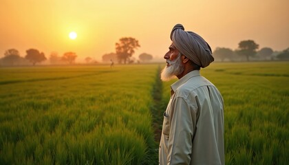 Elderly Punjabi farmer watches sunset over green field. Senior male with turban, white beard stands in golden hour. Rural landscape, peaceful scene, representing agriculture harvest, indian heritage.