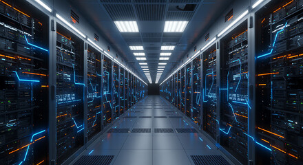 Obraz premium Data Center Interior: A striking, symmetrical perspective of a modern data center's internal network, revealing a corridor lined with servers and advanced technology, with data lines.