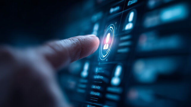 A futuristic talent selection and user engagement interface where a fingertip activates a glowing human avatar icon on a digital network emphasising recruitment personalization