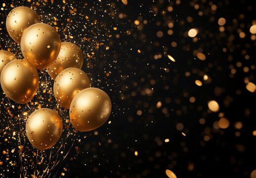 Happy birthday vector banner design. Happy birthday to you greeting text with golden balloons and confetti elements in elegant black background for celebrating birth day decoration.