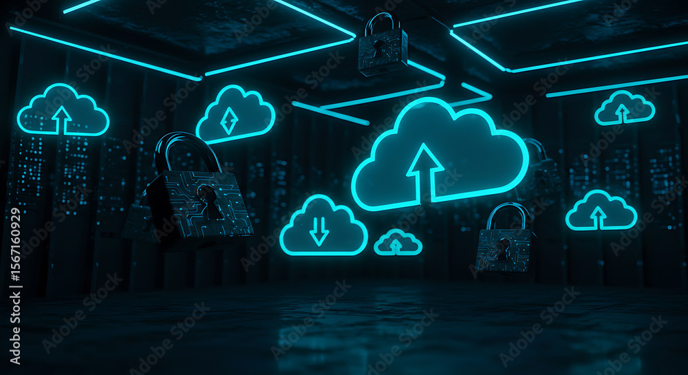 Poster cyber fortress: a high-tech data center showcases a cloud-computing, enhanced security features, whe