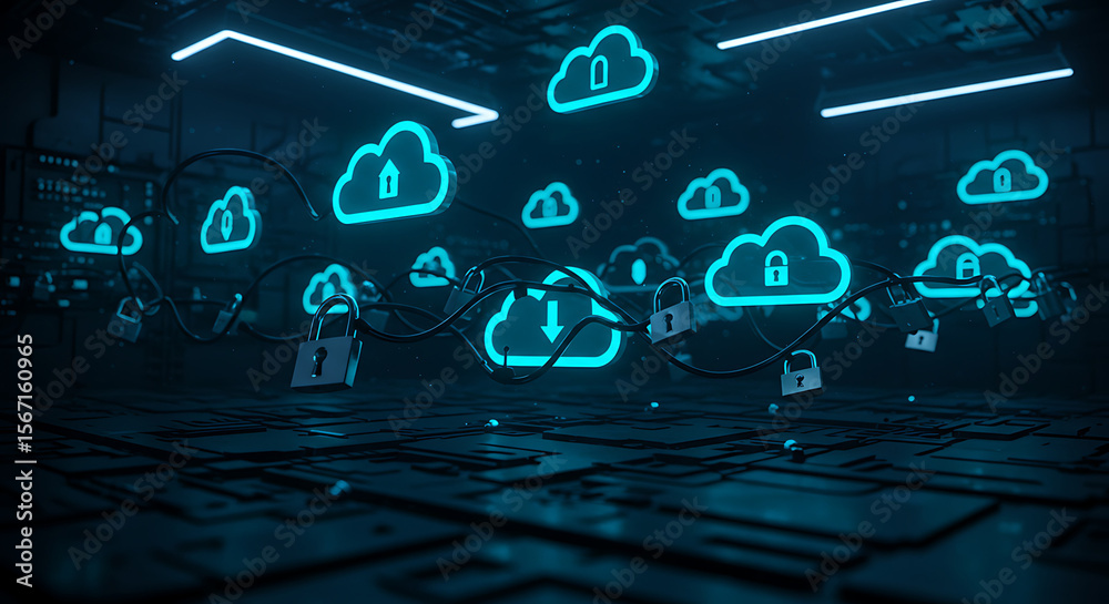 Poster cloud computing: a futuristic data center with glowing cloud icons and lock symbols signifies the co
