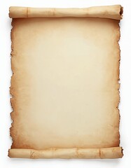 Aged parchment paper scroll with browned edges. Wrinkled, uneven texture evokes vintage aesthetic. Perfect for historical backgrounds, design elements, old document illustrations, vintage inspired