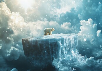 Hyper Photo of Arctic Bear Standing on Melting Iceberg with Dramatic Cloudy Sky