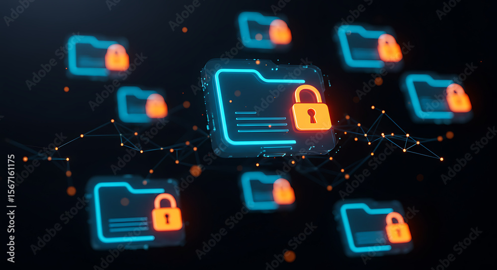 Poster digital security: a collection of secure data folders linked by digital connections, representing da