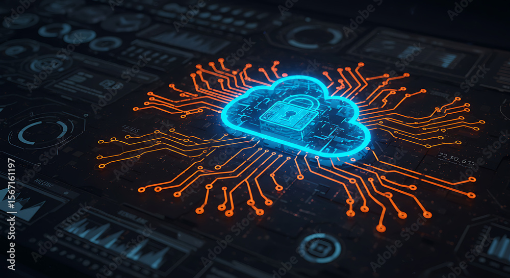 Poster digital cloud security: an illuminated cloud icon with a padlock rests above intricate circuit board
